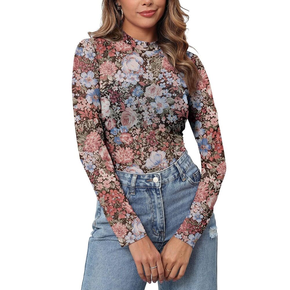 Floral Mesh Long Sleeve Shirts for Women Sheer Sleeve Mock Neck Lace